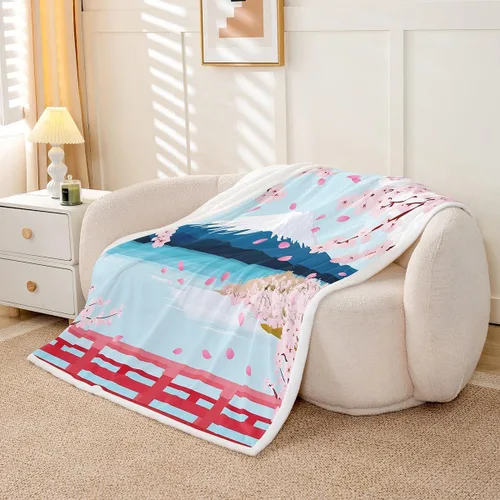 Vista 3 de Erosebridal Manta de forro polar con diseño de flores de cerezo, monte japonés, manta de cama Fuji de 30 x 40 pulgadas, manta de estilo japonés