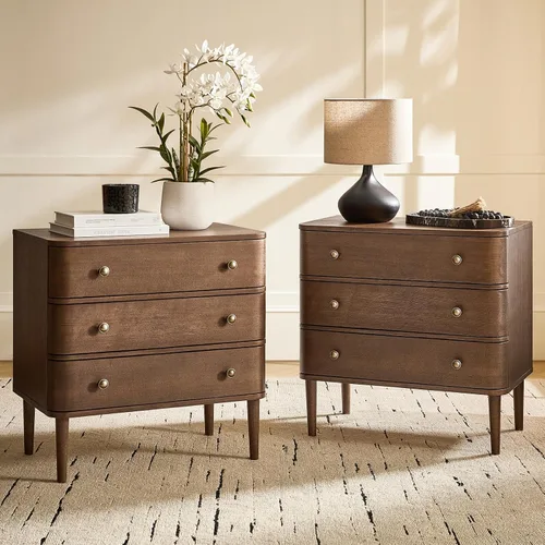 Vista 11 de HULALA HOME Mesa auxiliar moderna con estación de carga, mesa auxiliar de madera de 3 cajones con patas de madera maciza y patas ajustables, mesa