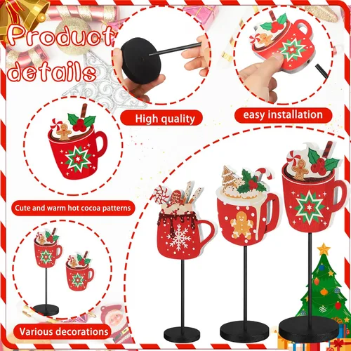 Vista 4 de 3 piezas de decoración de mesa de Navidad para centros de mesa de chocolate caliente, letrero de bandeja escalonada, decoración de madera de barra