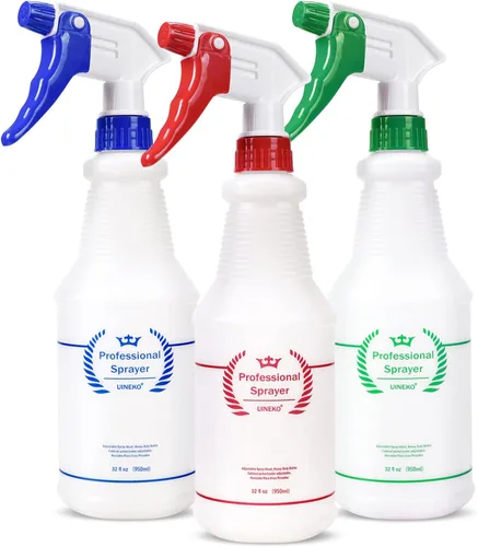 Vista 9 de Uineko Botella pulverizadora de plástico (paquete de 3, 24 onzas, 3 colores), resistente y multiusos, a prueba de fugas, botellas de agua de niebla