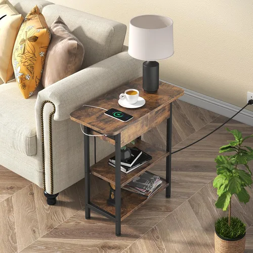 Vista 2 de LIDYUK Mesa auxiliar con estación de carga, mesa auxiliar abatible con puertos USB y tomas, mesita de noche para espacios pequeños, mesitas de noche