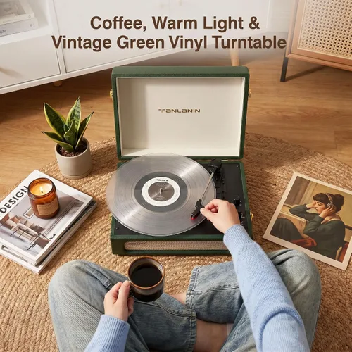Vista 6 de Vinyl Record Player with Speakers Bass & Treble Control Turntable Green