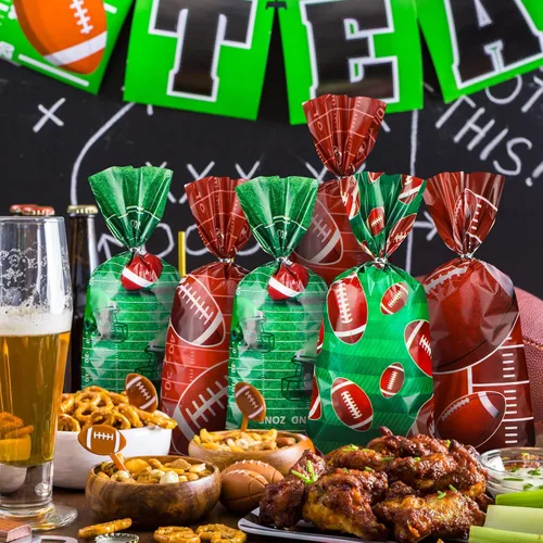 Vista 5 de Jetec 100 bolsas de celofán de fútbol americano marrón y verde, bolsas de regalo de fútbol con lazos para eventos de equipo deportivo, suministros