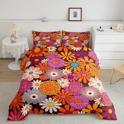 Vista 38 de Lindo juego de edredón de flores para niños y mujeres. Juego de ropa de cama de flores coloridas de dibujos animados, tamaño individual, bonito