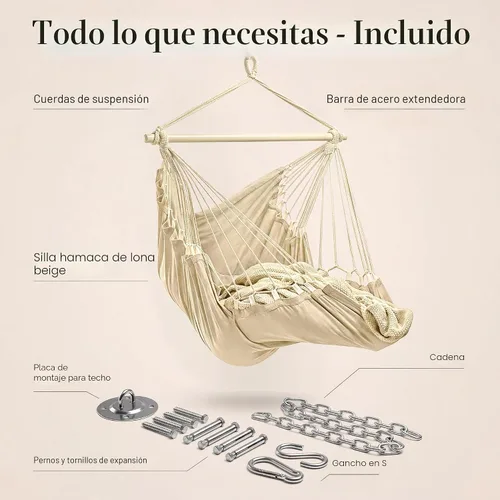 Vista 6 de Silla colgante hamaca columpio con reposapiés - Hamaca XL Beige