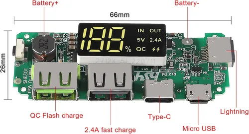 Vista 4 de 3 piezas Cargador de batería de litio placa LED Dual USB 5V 2.4A Micro/Tipo-C USB Banco de energía móvil 18650 Módulo de carga Protección de circuito