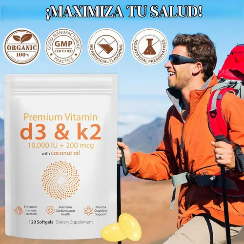Vista 6 de Vitamina D3 K2 de 10000 UI – 240 cápsulas blandas de aceite de coco virgen, suplemento complejo de vitamina D y K 2 en 1, cápsulas blandas de apoyo
