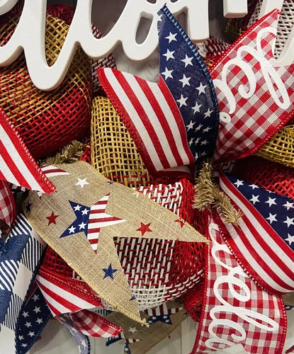 Vista 9 de 24" Round Patriotic Mesh Front Door Wreath with Welcome Sign Insert Option, Heavy Wire Base, Lots of Ribbon