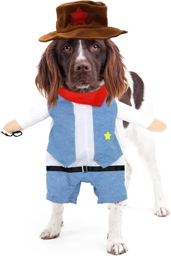Vista 2 de Disfraz de vaquero de Halloween para perro, ropa para mascotas, disfraces con sombrero para perro y gato, color azul (M)