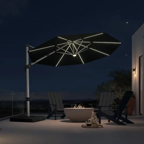 Vista 33 de PURPLE LEAF Sombrilla de patio de 9 x 12 pies con luces, sombrilla rectangular voladiza para exteriores, funciona con energía solar, LED