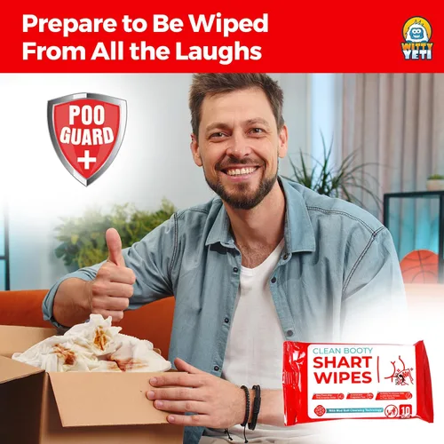 Vista 6 de Toallitas divertidas para trasero Shart 1 paquete de Witty Yeti. 10 unidades de hilarante humor de orinal, toallitas húmedas para bromas. Paquete
