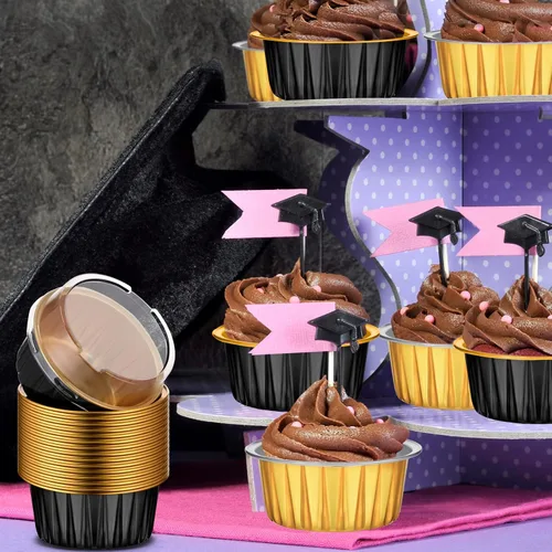 Vista 6 de 120 Pcs Moldes de Papel de Aluminio para Hornear Mini Moldes para Pasteles con Tapas 5 oz Forros para Cupcakes Moldes Desechables para Magdalenas