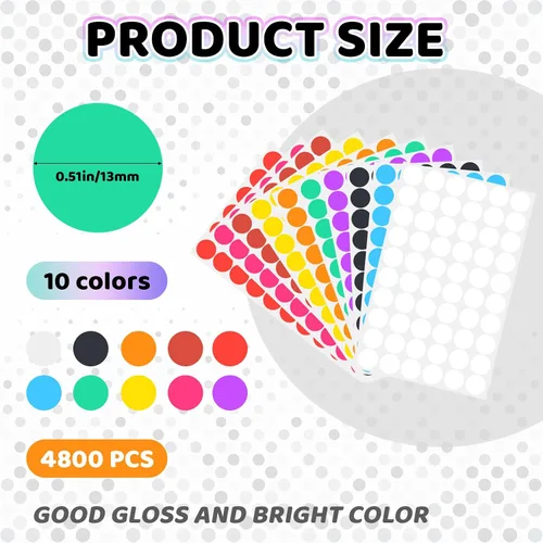 Vista 2 de 4800 Pcs Colored Dot Stickers, 1/2 Inch Round Color Circle Dot Labels