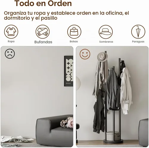 Vista 6 de Muwuele Perchero giratorio de madera maciza, perchero independiente con 3 estantes y 9 ganchos, perchero para dormitorio, entrada, sala de estar
