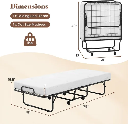 Vista 3 de DORTALA Cama plegable de metal plegable, cuna de colchón de espuma viscoelástica con marco de metal súper resistente y resistente, cama de invitados
