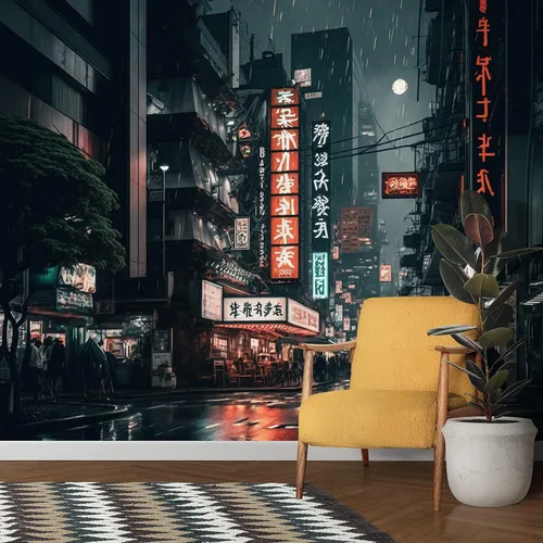 Vista 6 de Papel tapiz de pared con vista nocturna lluviosa de la ciudad de Tokio de Japón, papel tapiz extraíble, papel adhesivo decorativo