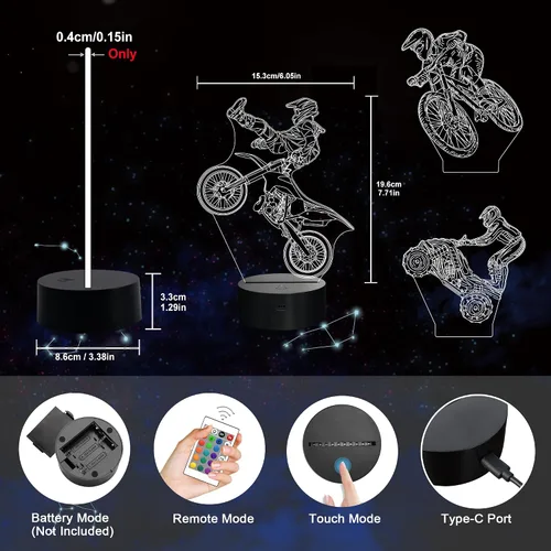 Vista 5 de Ammonite - Regalos de Moto de Tierra para Niños, Luz Nocturna de Ilusión 3D Motocross para Niños (3 Patrones) con Control Remoto y 16
