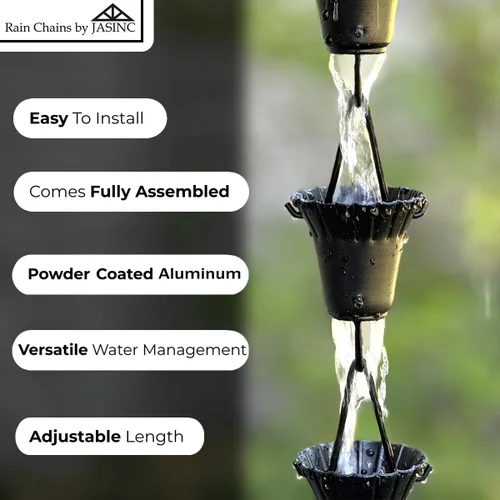 Vista 4 de Copas con volantes de 8.5 pies con recubrimiento en polvo negro, para reemplazar la canaleta de techo, con kit de instalación, atrapador de agua
