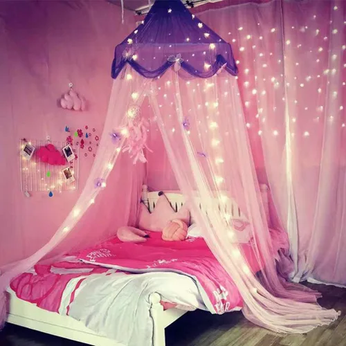 Vista 9 de Dosel de Cama para Niñas con Luces de Estrellas, Cortinas de Dosel de Cama de Princesa con Mosquitero de Estrella Dorada para Decoración de Rosa
