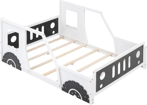 Vista 9 de SOFTSEA Cama Montessori de tamaño matrimonial con valla y puerta, plataforma de madera con ruedas para niños y niñas, soporte de listones de madera