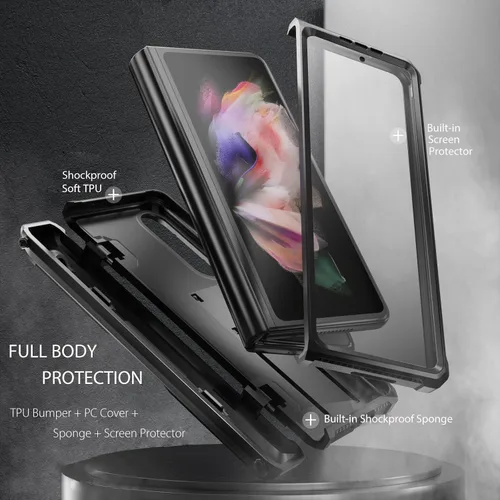 Vista 5 de Funda resistente para Samsung-Galaxy-Z-Fold-3 con soporte integrado [soporte para bolígrafo S] [protector de pantalla] [protección de bisagra], Negro