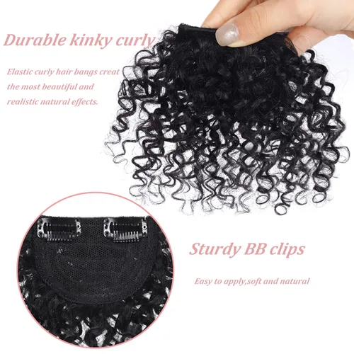 Vista 4 de Extensiones de cabello rizado Afro Kinly con clip, fleco de fleco falso natural, flequillo corto y rizado, cabello humano con clip, pieza de cabello