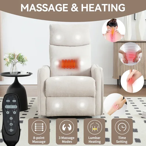 Vista 5 de PELUMY Silla Reclinable Mecedora Giratoria 360 para Adultos, Silla Mecedora de Guardería con Calor y Masaje, Silla Reclinable Deslizante para Beige