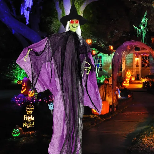 Vista 12 de Tangkula Bruja voladora de Halloween de 7 pies en decoración de escoba