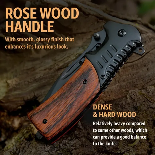 Vista 7 de Cuchillo de bolsillo para hombres con mango de madera, rompedor de vidrio y clip de bolsillo, hoja afilada de 3.66 pulgadas, cuchillos plegables