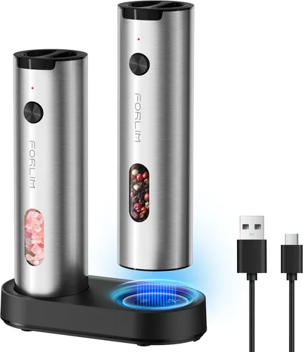 Vista 13 de FORLIM Mini Molinillo Eléctrico de Sal y Pimienta con Base de Madera, Recargable por USB, Pequeño Molinillo Automático de Sal y Pimienta