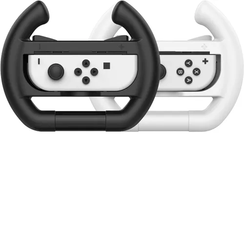 Vista 2 de EIMGO 2 x Steering Wheels for Nintendo Switch & OLED Joy-Con Racing Game Controller Attachments Handle Grips Set (Flat-bottom, Black+White)