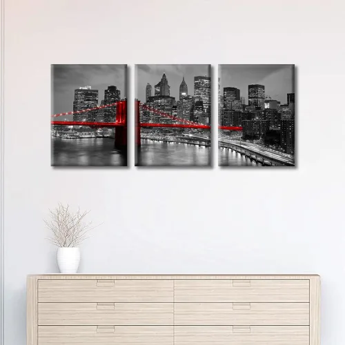 Vista 2 de TUMOVO Arte de pared en blanco y negro con paisaje urbano de Nueva York, decoración de pared de horizonte de Nueva York para sala de estar, puente