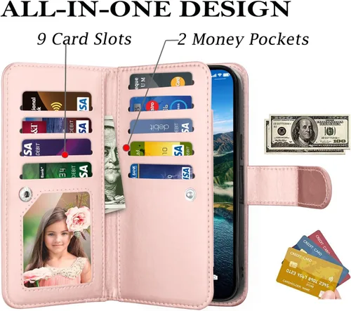 Vista 2 de Funda tipo cartera para iPhone 15 Plus, para iPhone 15 Plus, funda de piel sintética para tarjetas de crédito [9 ranuras para tarjetas] Funda