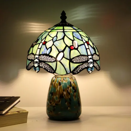 Vista 6 de Lámpara de mesa de hongo Tiffany estilo libélula lámpara de acento de vidrio teñido azul marino base de vidrio marrón azul 8X8X12 pulgadas