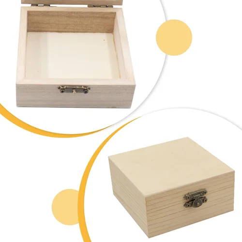 Vista 3 de 4 cajas de madera sin terminar para manualidades, caja cuadrada de madera pequeña con tapas con bisagras y cierres frontales, caja de almacenamiento