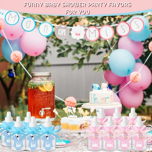 Vista 7 de 162 piezas de revelación de género para baby shower, 48 mini botellas de leche de plástico para bebé, 48 mini chupetes de plástico, 64 calcomanías