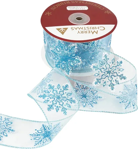 Vista 4 de HUIHUANG Cinta con alambre con purpurina de copo de nieve, cinta de copo de nieve azul y blanca para árbol de Navidad, 2-1/2 pulgadas x 25 yardas
