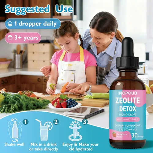 Vista 6 de Zeolite Detox para niños y adultos – Gotas líquidas de zeolita de clinoptilolita pura con vitamina B12, C y D3 – Limpieza diaria suave
