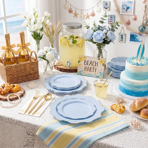 Vista 5 de WDF 175 piezas platos de plástico azul – Platos azul bebé resistentes desechables – Vajilla de plástico para 25 invitados, ideal para Bule y Oro