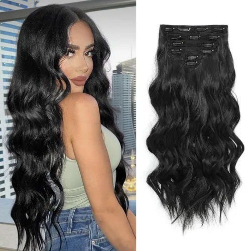 Vista 14 de Fliace Extensiones de cabello con clip para mujer, extensiones de cabello ondulado largo de color marrón medio, extensiones de cabello sintético