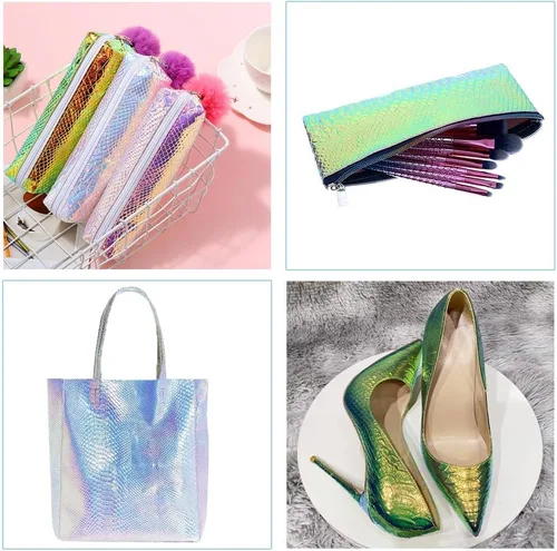 Vista 5 de HYANG - Hojas holográficas de piel sintética azul con estampado de serpiente, muy adecuadas para hacer manualidades, bolsos, aretes de cuero, lazos
