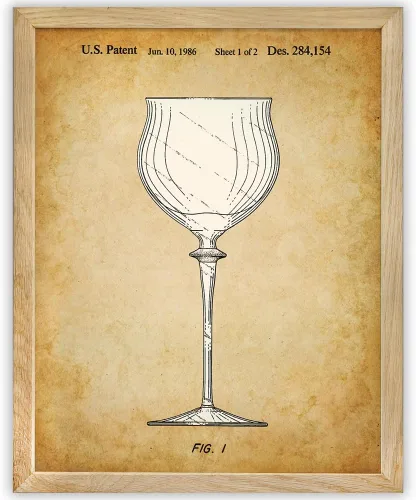 Vista 2 de Vintage Wine Glass Patent Drawing 1986 Stemware Illustration Antique Parchment Artwork Oak Frame Ready Hang for Home Bar Kitchen Dining Room Wine