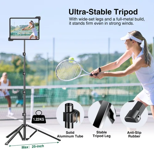 Vista 6 de elitehood Soporte de aluminio para iPad con soporte diagonal para tableta, trípode para iPad de 65 pulgadas de altura ajustable, trípode giratorio