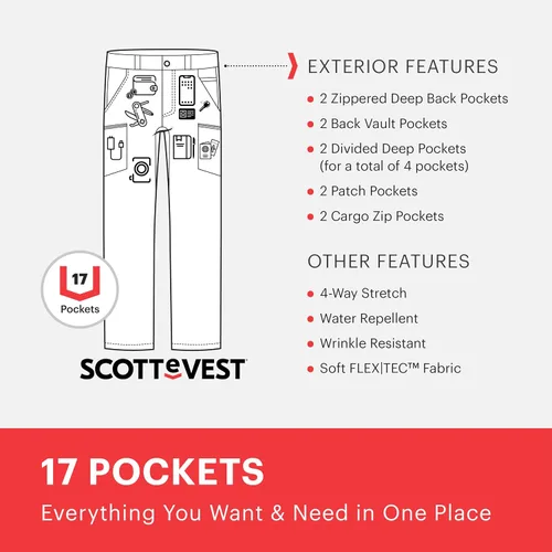 Vista 2 de SCOTTeVEST Action Adventure - Pantalones de viaje para hombre, 17 bolsillos ocultos, ropa exterior transpirable repelente al agua para jugar al golf