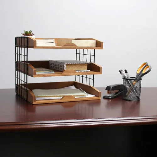 Vista 3 de Elegant Designs HG1022-NWD - Organizador de escritorio de madera para oficina en casa, bandeja para cartas de correo con 3 estantes, madera natural