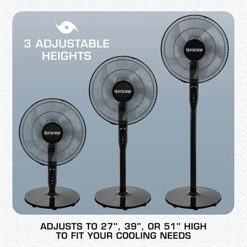 Vista 3 de Hurricane - Ventilador de pedestal oscilante, unidad de enfriamiento de 12 velocidades, 16 pulgadas, negro - Con control remoto, inclinación
