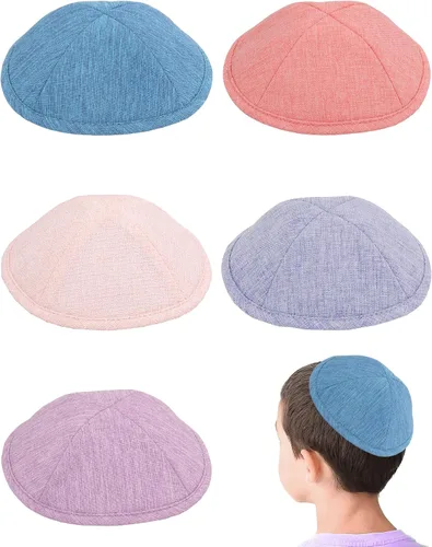Vista 14 de Paquete de 5 piezas – Hq Satin/Lino/Velvet/Seda Cruda/Gamuza Kippah para hombre, sombrero Yamaka diseñado en Israel – Kippot Bulk