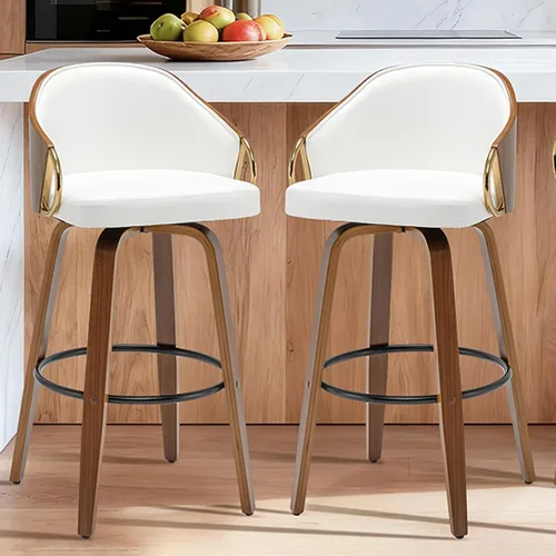 Vista 21 de Taburetes de bar giratorios de 24.8 pulgadas, taburetes de bar de cuero negro, sillas de bar modernas de mediados de siglo con patas de madera
