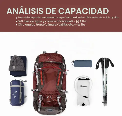Vista 6 de MOUNTAINTOP Mochila de marco interno de 80L para hombre y mujer Mochila de senderismo con cubierta de lluvia Granate-80l