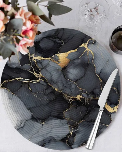 Vista 3 de Round Placemats Set of 6 Marble Texture Art Round Braided Placemats Non-Slip Place Mats for Dining Table, Heat-Protective Decorative Table Mats